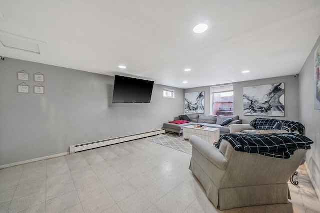 living room with baseboards, baseboard heating, tile patterned floors, and recessed lighting