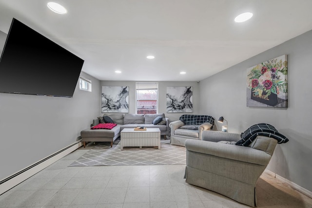 living room with light floors, baseboards, a baseboard heating unit, and recessed lighting