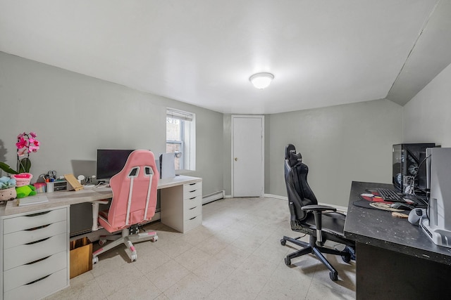 office with a baseboard heating unit, lofted ceiling, and light floors