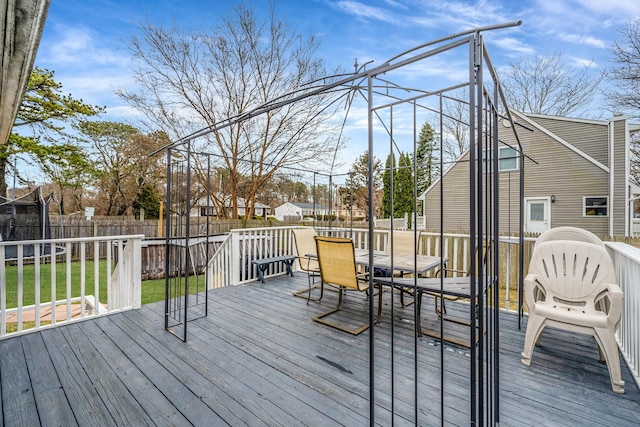 wooden deck featuring fence private yard and outdoor dining area