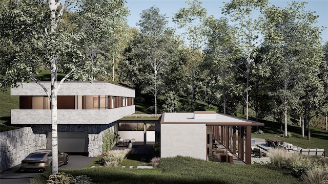 view of side of home with a garage and stone siding