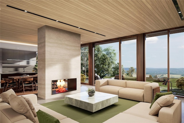 living room featuring a tiled fireplace, wooden ceiling, and a wall of windows