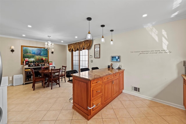 kitchen featuring light tile patterned floors, visible vents, brown cabinetry, ornamental molding, and a peninsula