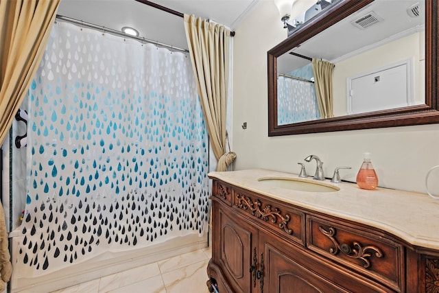 bathroom featuring marble finish floor, visible vents, vanity, and a shower with shower curtain