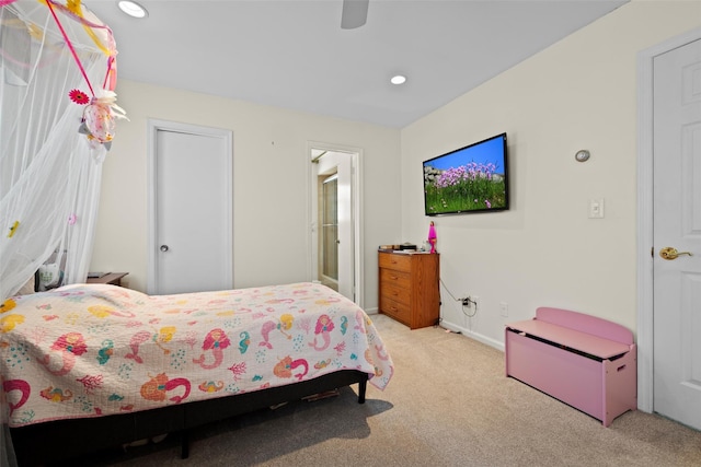 bedroom with carpet floors, recessed lighting, ceiling fan, and baseboards