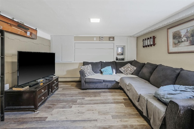 living room featuring light wood finished floors and a baseboard radiator