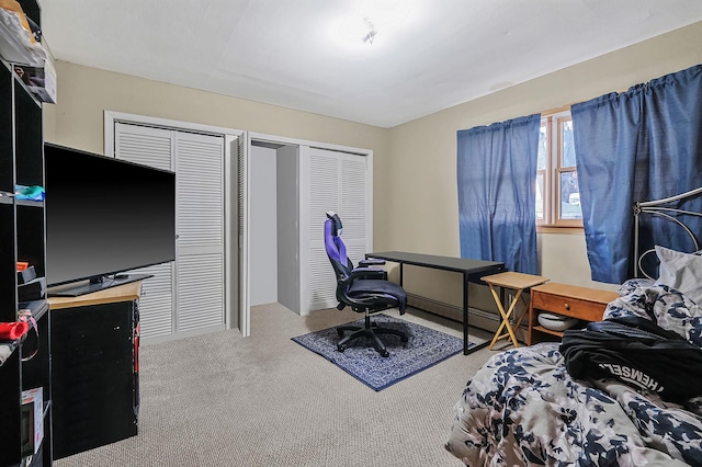 carpeted bedroom with two closets