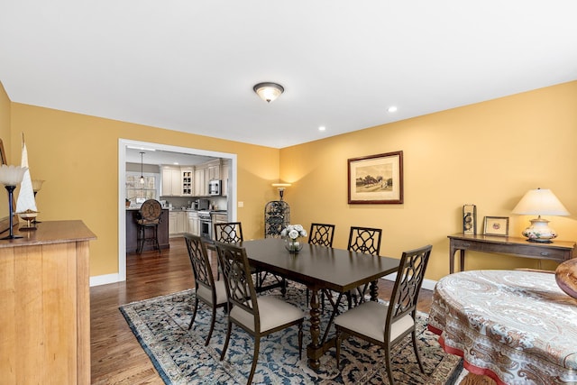 380 Hickory Rd, Southold, NY 11971 - dining area with recessed lighting, baseboards, and dark wood-style flooring