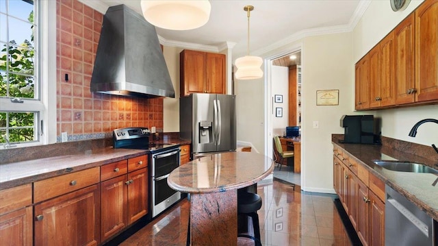 898 Gipsy Trail Rd, Carmel, NY 10512 - kitchen with stainless steel appliances, crown molding, extractor fan, and a sink