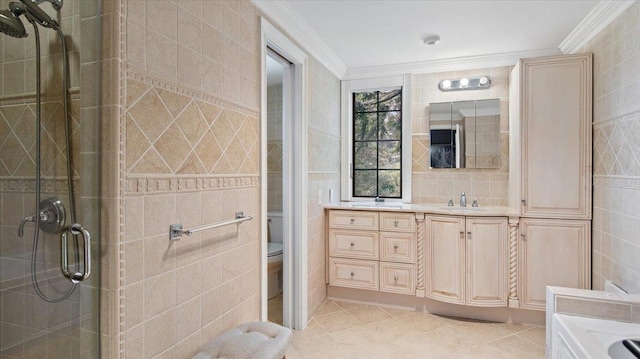 898 Gipsy Trail Rd, Carmel, NY 10512 - bathroom featuring tile patterned floors, a shower stall, tile walls, and crown molding