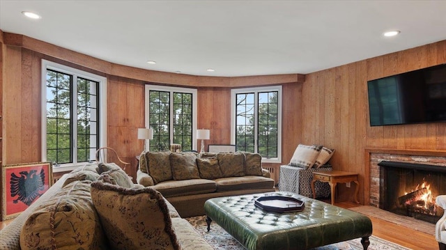 898 Gipsy Trail Rd, Carmel, NY 10512 - living area with wooden walls, recessed lighting, and a fireplace