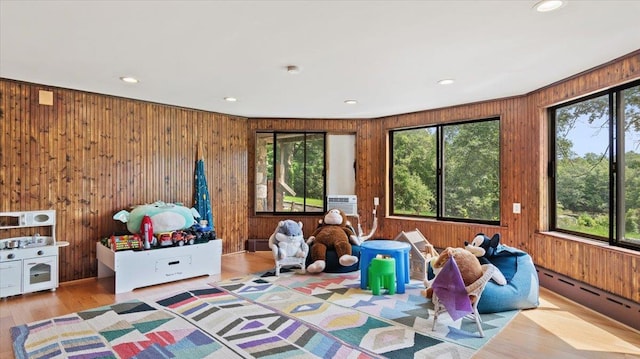 898 Gipsy Trail Rd, Carmel, NY 10512 - playroom featuring a healthy amount of sunlight, wood finished floors, wood walls, and a baseboard radiator