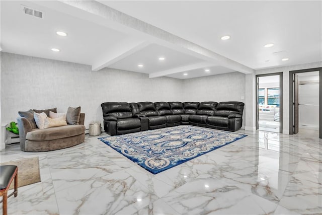 living area featuring marble finish floor, baseboard heating, visible vents, and recessed lighting