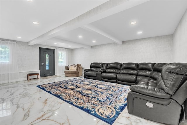 living room with recessed lighting, marble finish floor, baseboards, and beam ceiling