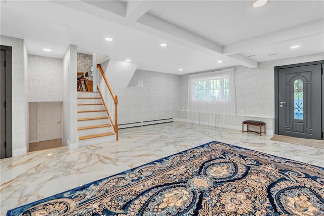 entryway featuring marble finish floor, beam ceiling, recessed lighting, stairway, and a baseboard heating unit