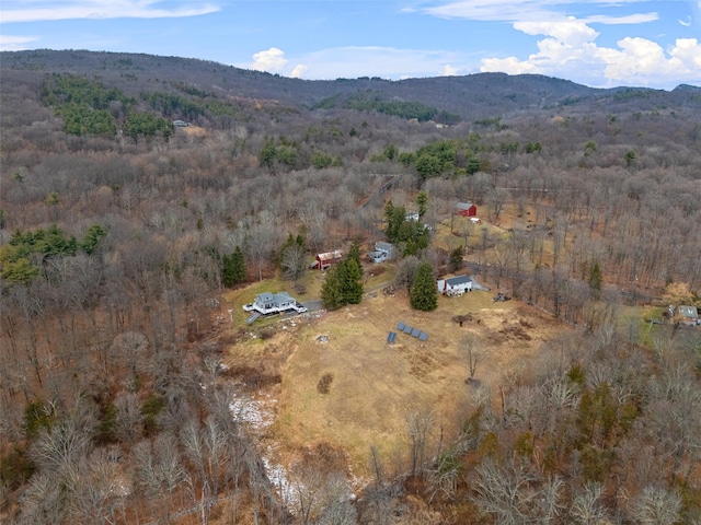 aerial view featuring a mountain view and a wooded view