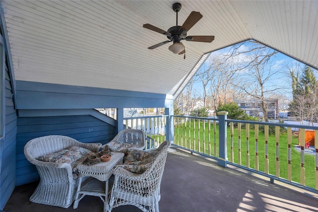 balcony featuring ceiling fan