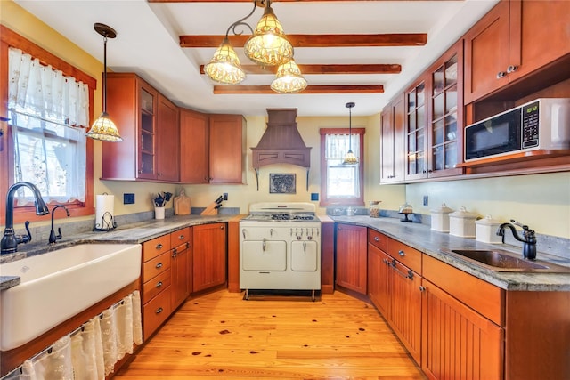 kitchen featuring light wood-type flooring, gas stove, premium range hood, and a sink