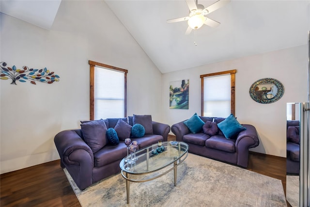 living room featuring lofted ceiling, ceiling fan, and wood finished floors