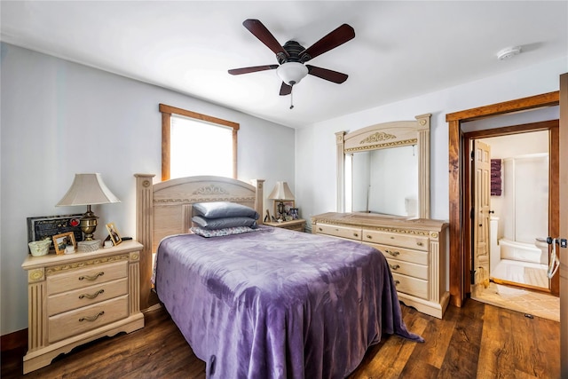 bedroom with ceiling fan and dark wood-style flooring