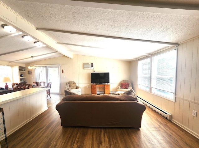 living area featuring lofted ceiling with beams, a baseboard radiator, dark wood-style flooring, a textured ceiling, and a wall mounted AC