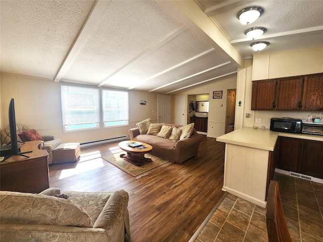 living room with lofted ceiling with beams, dark wood-style flooring, a textured ceiling, and a baseboard radiator