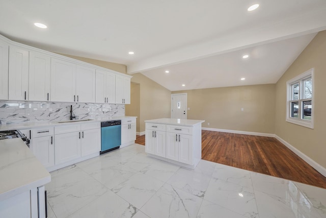 kitchen featuring backsplash, lofted ceiling with beams, dishwashing machine, marble finish floor, and a sink