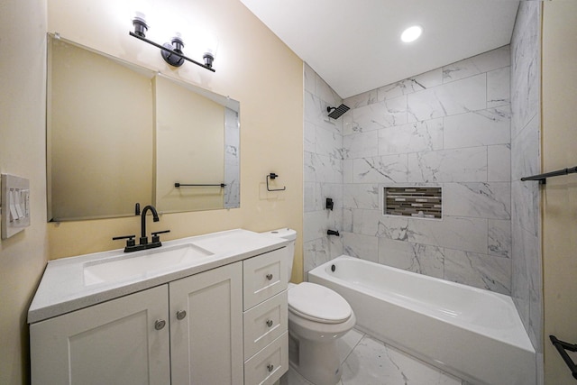 full bathroom with toilet, marble finish floor, recessed lighting, shower / bathing tub combination, and vanity