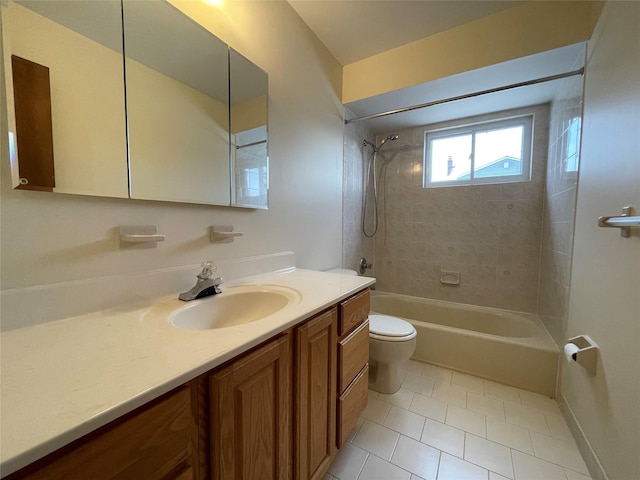 bathroom featuring vanity,  shower combination, and toilet