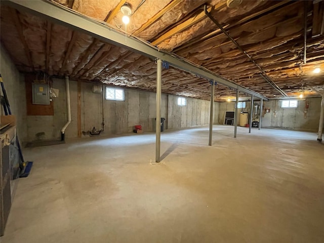 basement with electric panel and a healthy amount of sunlight