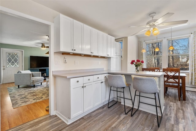 kitchen featuring white cabinetry, a peninsula, wood finished floors, and ceiling fan