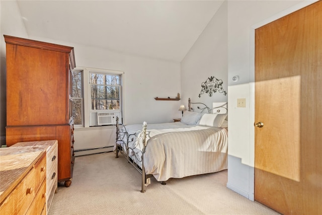 bedroom featuring cooling unit, light carpet, baseboard heating, and vaulted ceiling