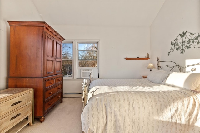 bedroom featuring cooling unit, light colored carpet, and baseboard heating