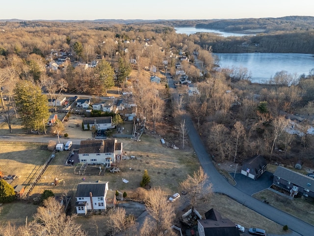 drone / aerial view featuring a view of trees and a water view