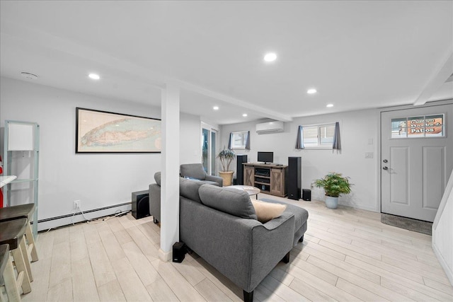 living room featuring recessed lighting, light wood finished floors, a baseboard radiator, and a wall mounted AC