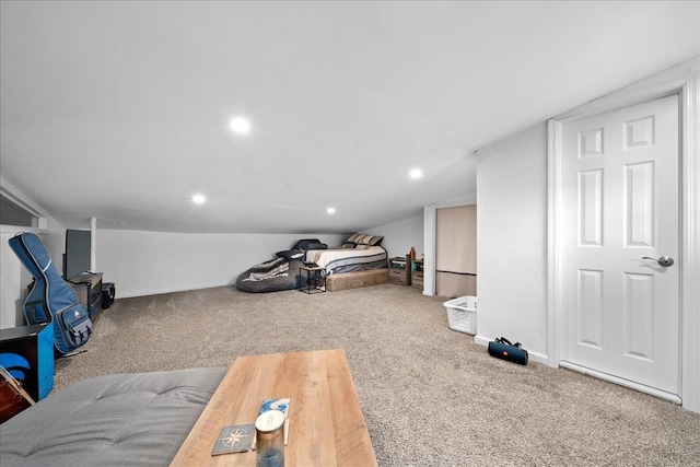 carpeted bedroom featuring recessed lighting and baseboards