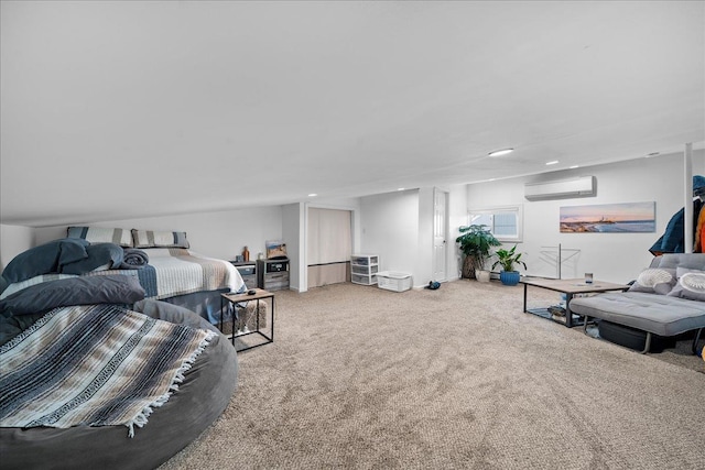living room featuring a wall mounted AC, carpet flooring, and recessed lighting