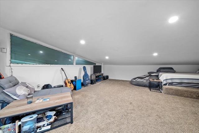 interior space featuring lofted ceiling, carpet flooring, and recessed lighting