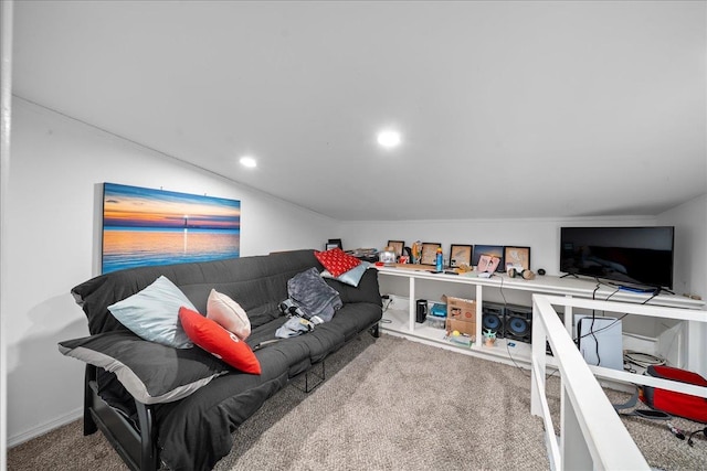 living area featuring carpet floors, lofted ceiling, and recessed lighting