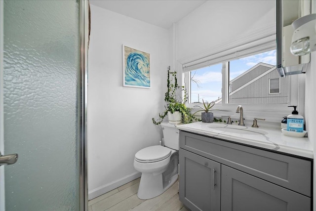 bathroom featuring baseboards, vanity, toilet, and wood finished floors