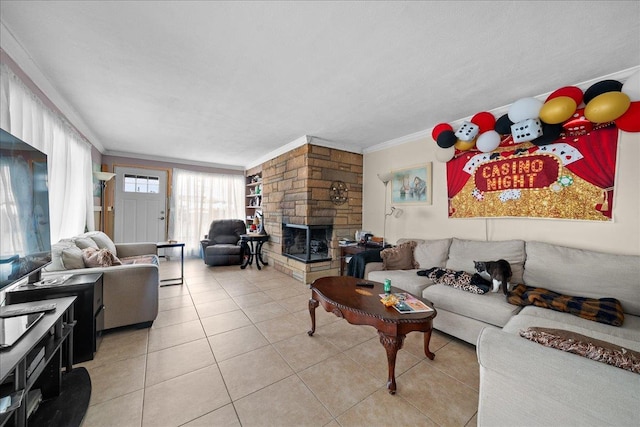living room featuring light tile patterned flooring, crown molding, and a stone fireplace