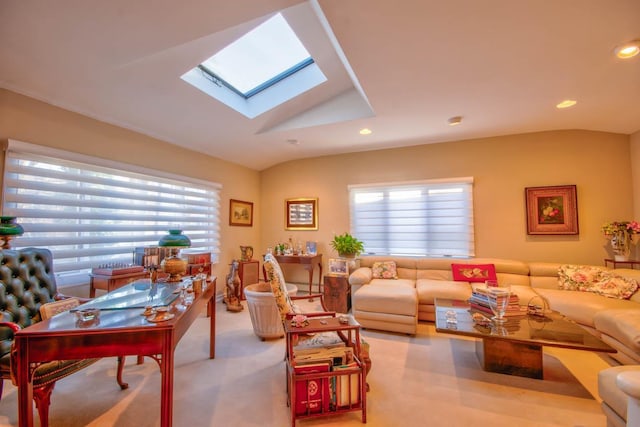 living area with lofted ceiling with skylight, recessed lighting, and a healthy amount of sunlight