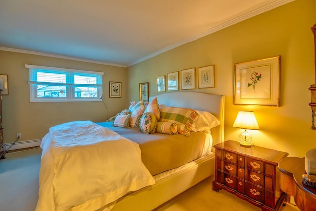 carpeted bedroom featuring baseboards, baseboard heating, and ornamental molding