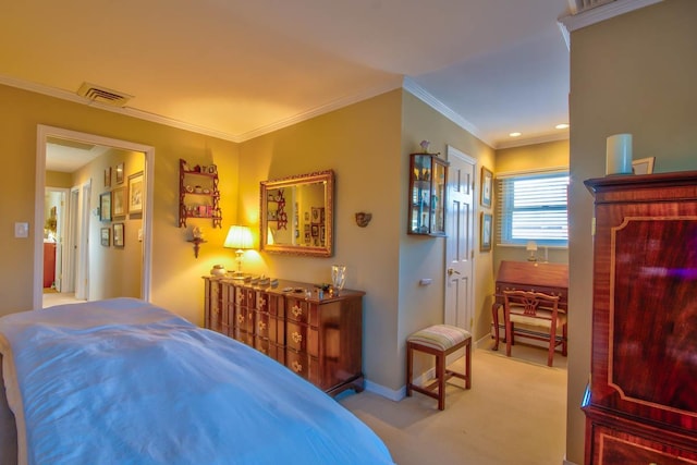 carpeted bedroom featuring crown molding, baseboards, visible vents, and a baseboard radiator