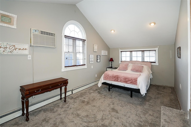 carpeted bedroom featuring multiple windows, baseboard heating, an AC wall unit, and vaulted ceiling