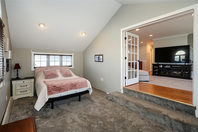 bedroom with recessed lighting, a baseboard radiator, carpet, and vaulted ceiling