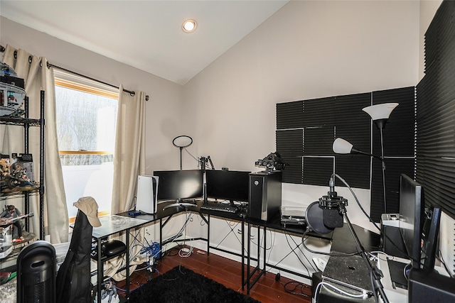 office area with recessed lighting, wood finished floors, and vaulted ceiling