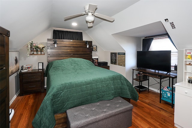 bedroom with lofted ceiling, a ceiling fan, and dark wood-style flooring