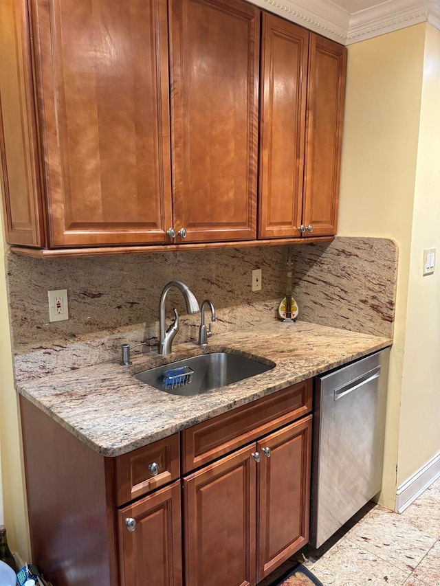 42-30 196th St, Flushing, NY 11358 - kitchen with light stone countertops, stainless steel dishwasher, decorative backsplash, a sink, and crown molding