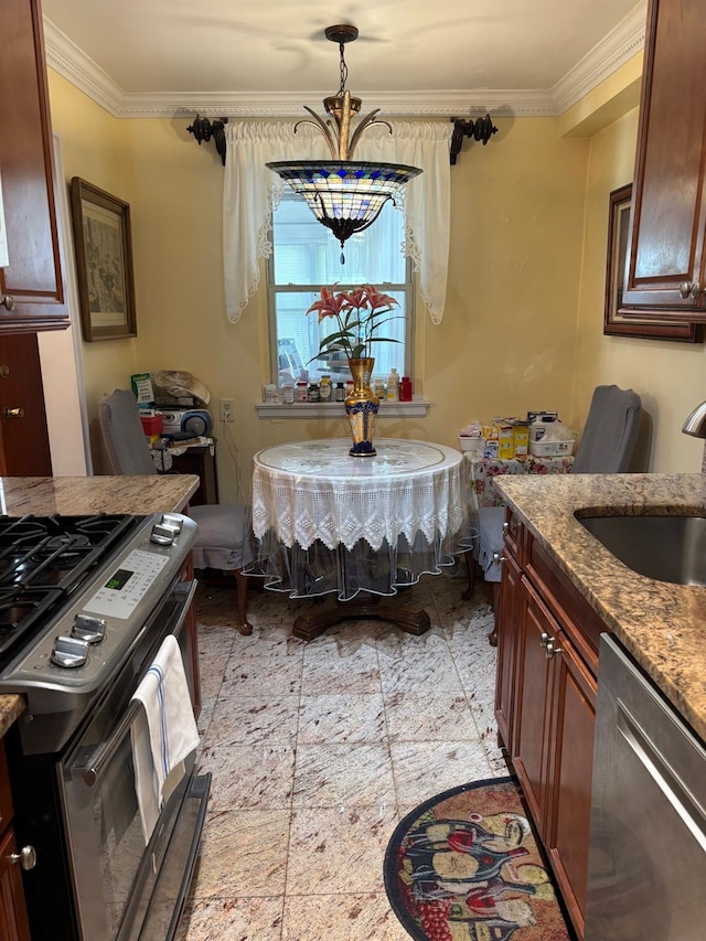 42-30 196th St, Flushing, NY 11358 - kitchen with appliances with stainless steel finishes, stone counters, crown molding, and a sink